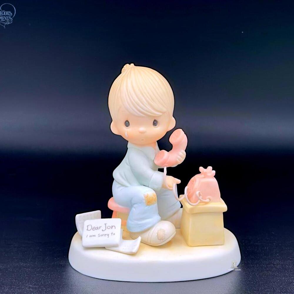 Precious Moments Vintage Boy Figurine on Phone with Apology Note